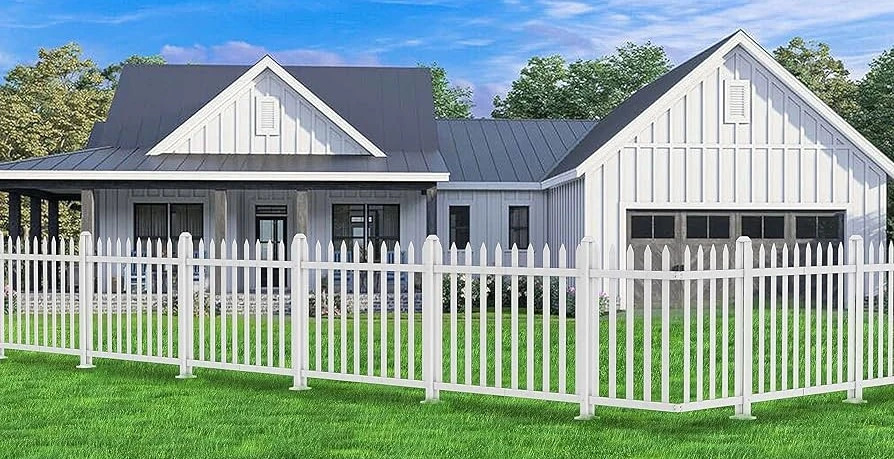 Exterior view of a modern single-family house featuring white PVC privacy fence, large facade signboard, and SPC flooring visible through the open front door, illustrating how different PVC building materials appear together in one residential project from outside to inside Exterior view of a modern single-family house featuring white PVC privacy fence, large facade signboard, and SPC flooring visible through the open front door, illustrating how different PVC building materials appear together in one residential project from outside to inside